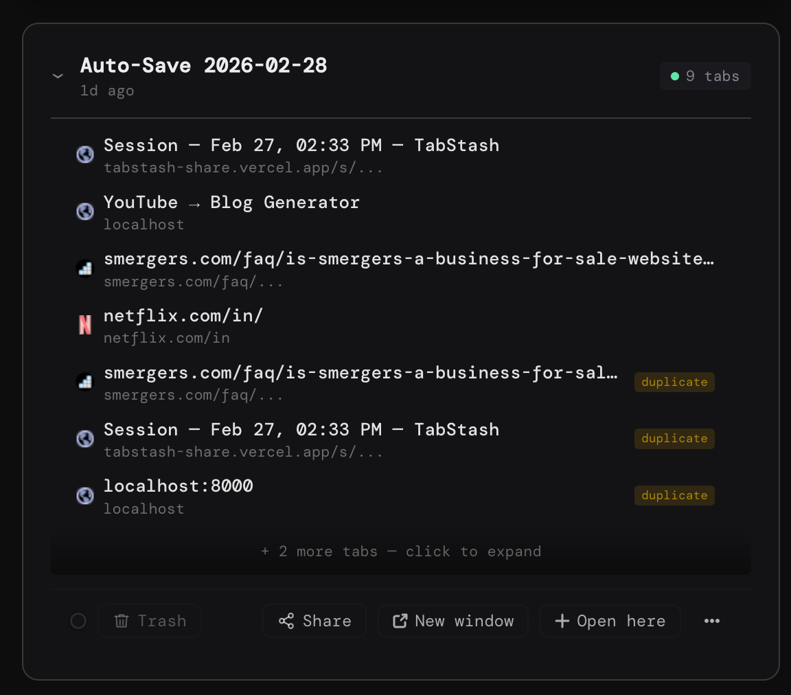 TabStash auto-save feature
