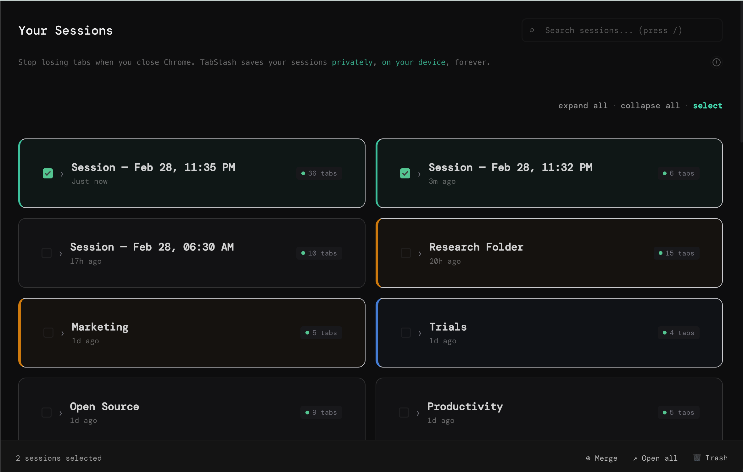 TabStash full dashboard view