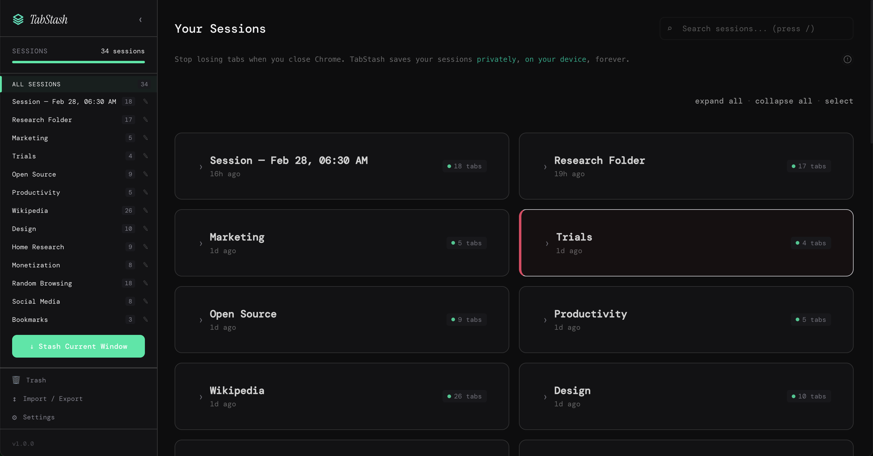 TabStash dashboard showing saved sessions