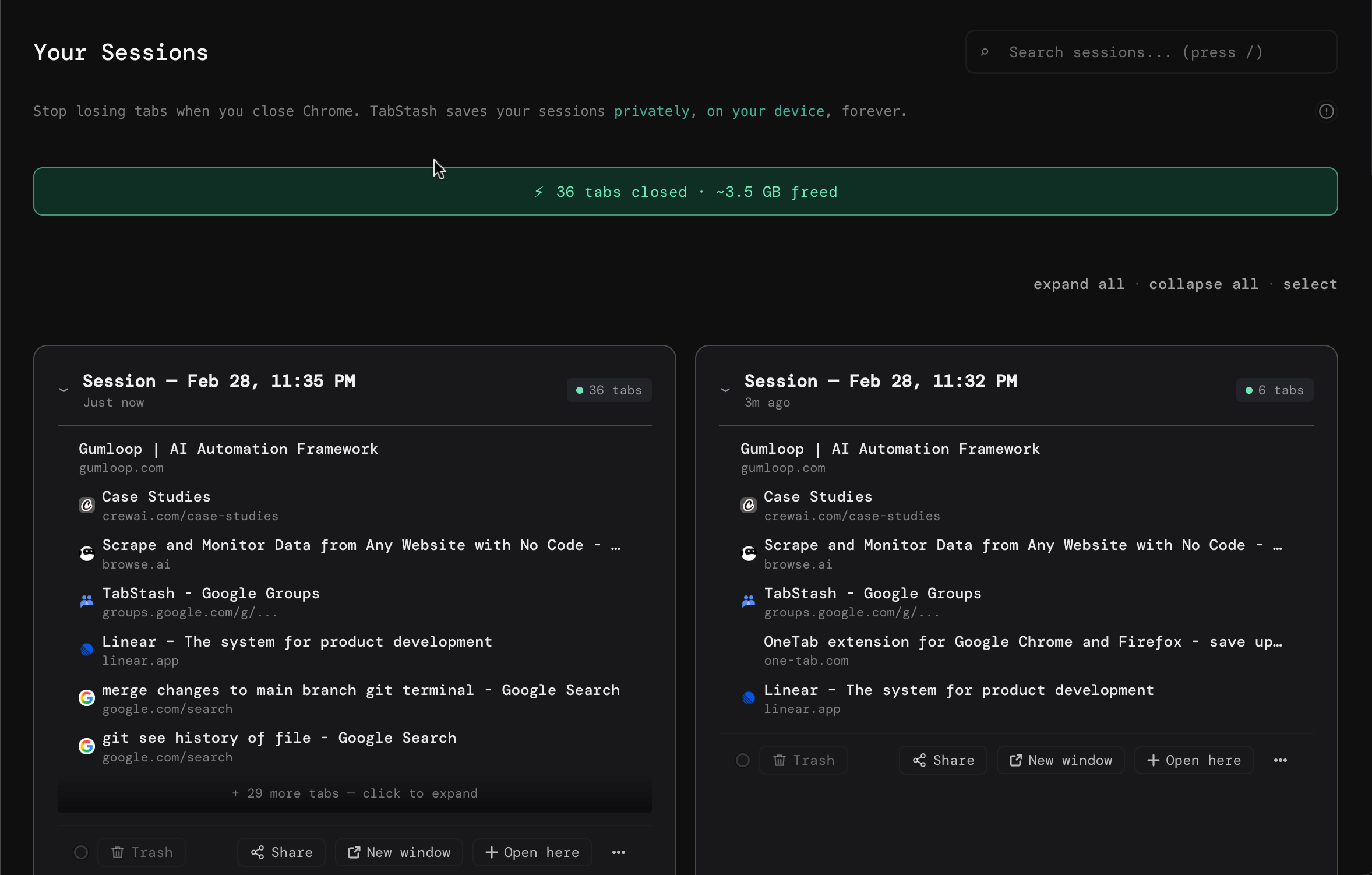 TabStash memory savings
