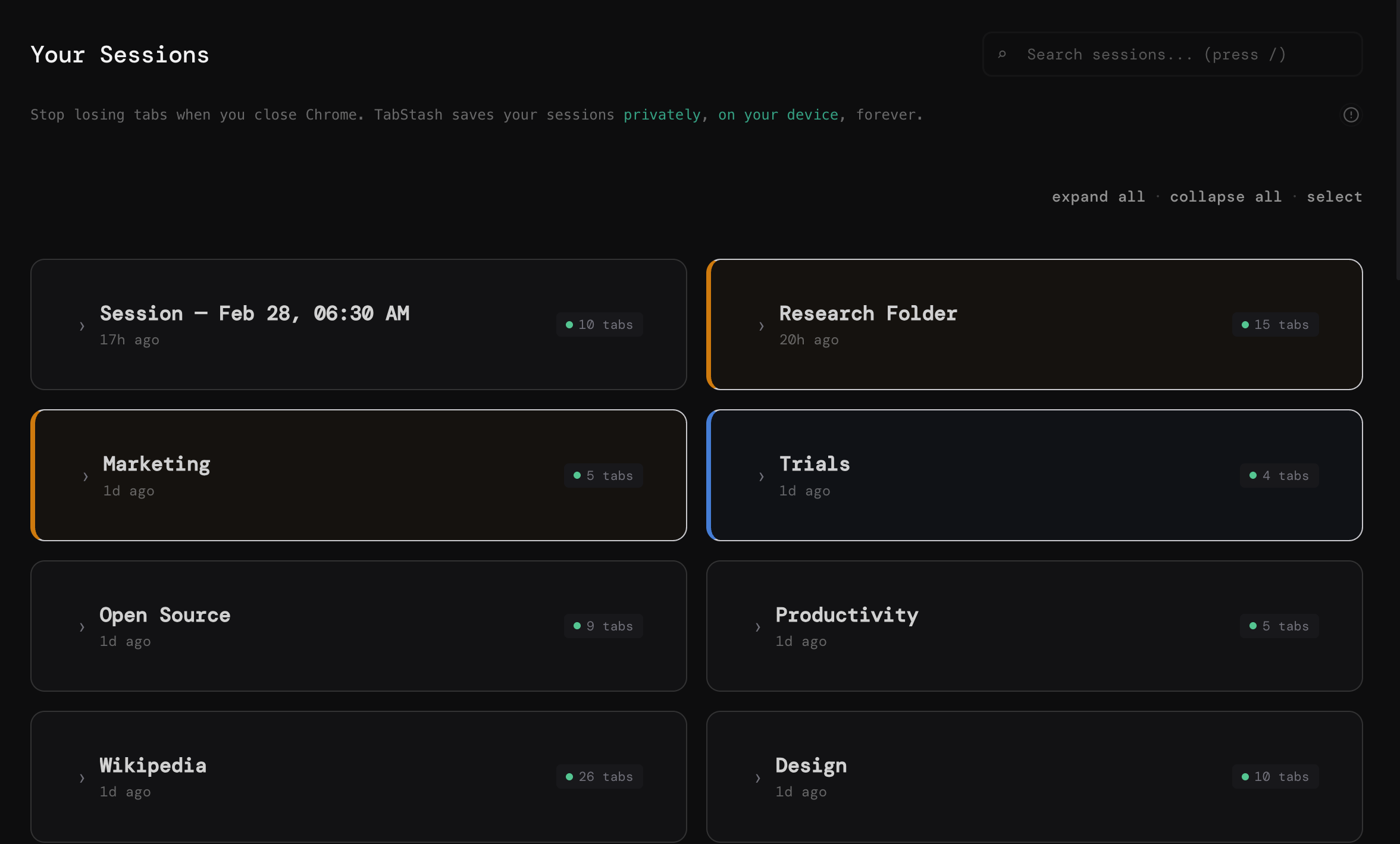 TabStash sessions with color tags