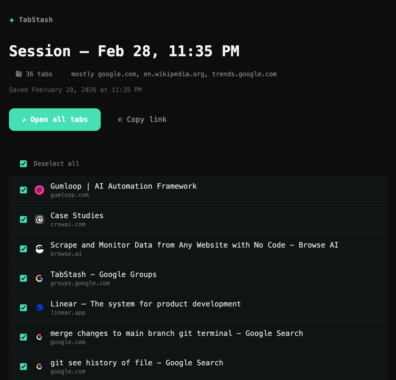 TabStash shared session view